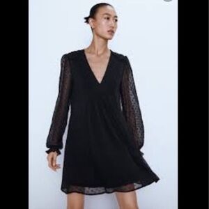 ZARA Black V-neck Dress with Sheer overlay - Size XL